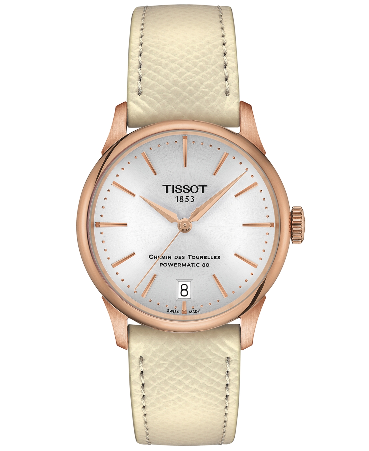 Tissot Women's Swiss Automatic Chemin Des Tourelles Powermatic 80 White Leather Strap Watch 34mm In Beige / Cream / Gold / Gold Tone / Rose / Rose Gold / Rose Gold Tone / Silver