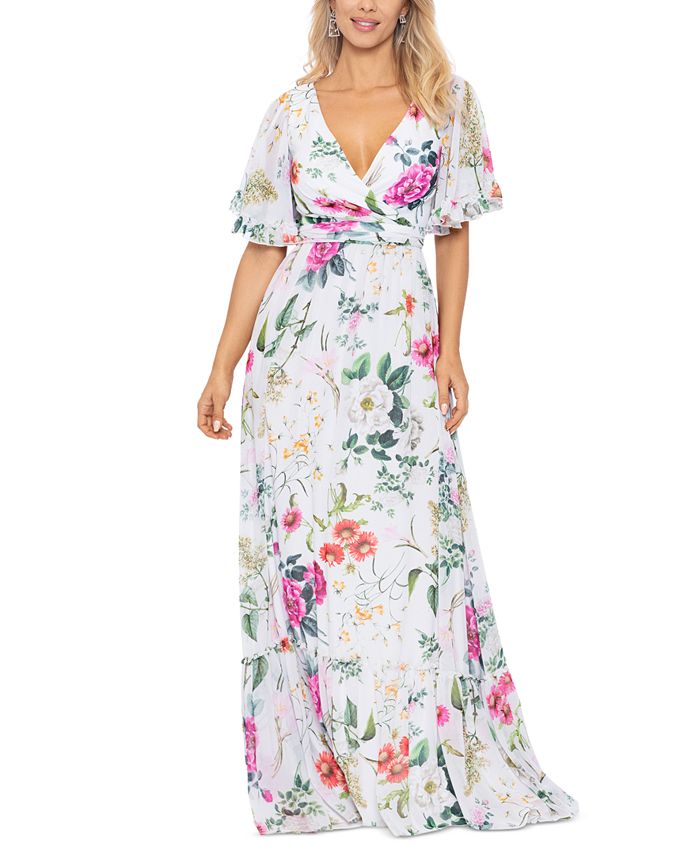 Betsy & Adam Women's Floral-Print Flutter-Sleeve Gown - Macy's