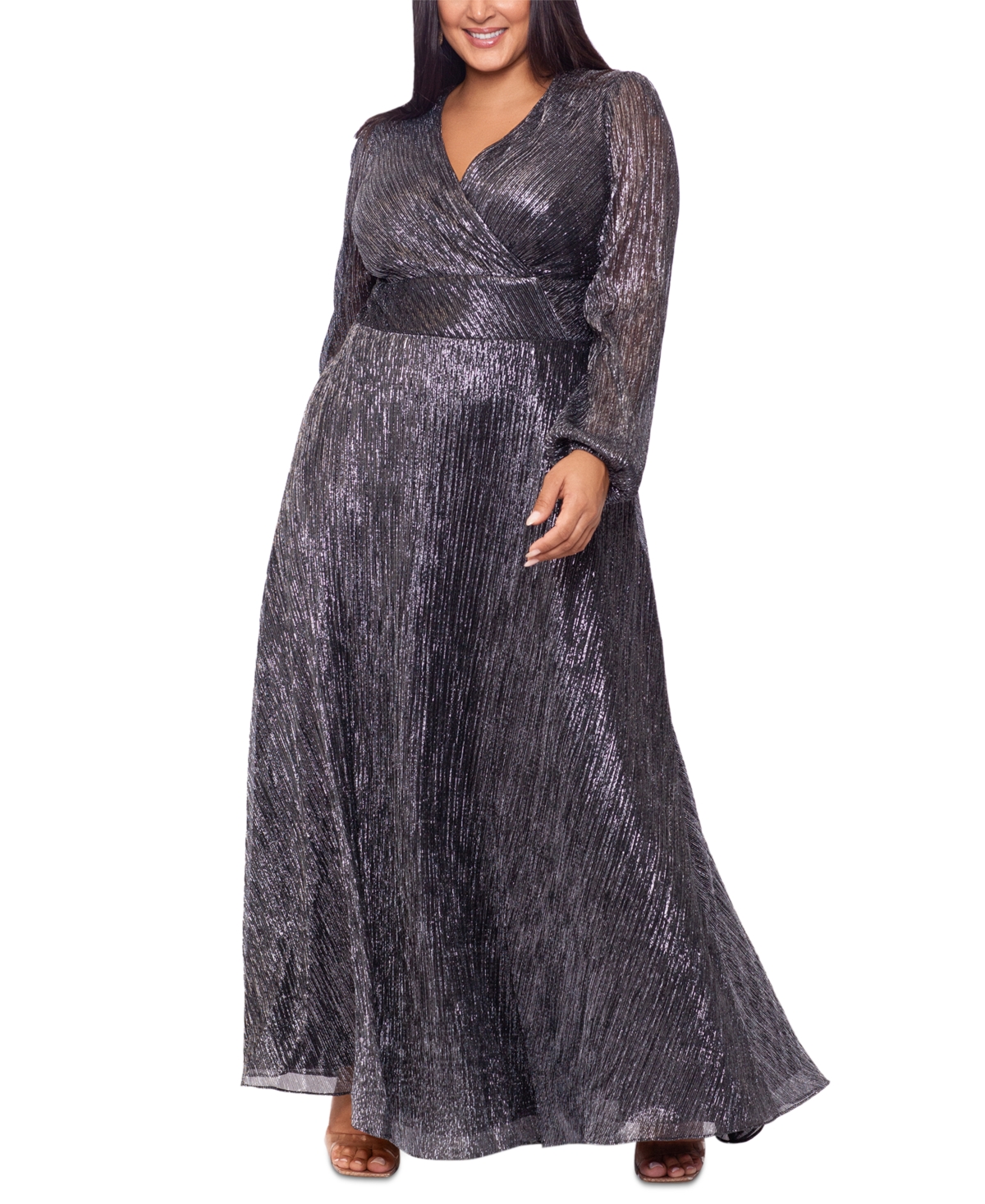 Plus Size Metallic Long-Sleeve Wrap Gown - Black Silver