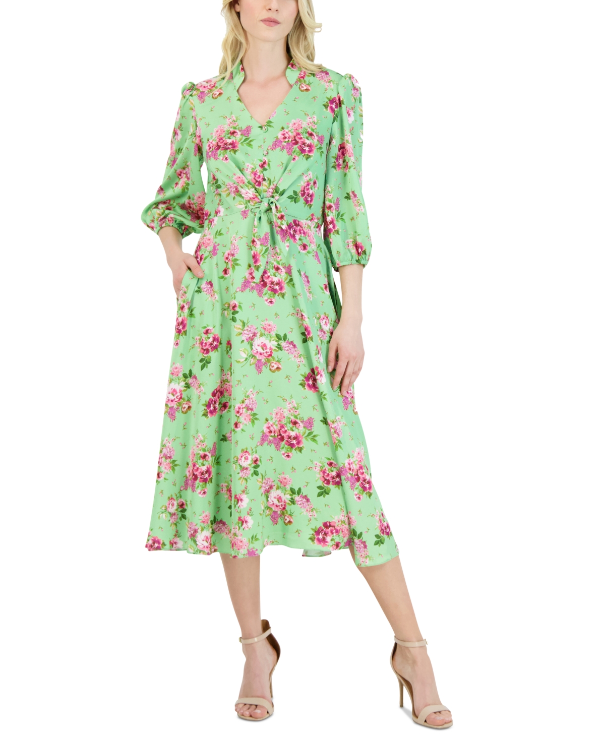 Julia Jordan Women's Floral-print Tie-waist Midi Dress In Green Multi