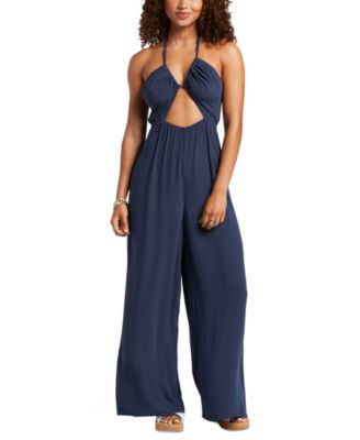 Roxy - Juniors' Away On Vacay Cutout Wide-Leg Halter Jumpsuit