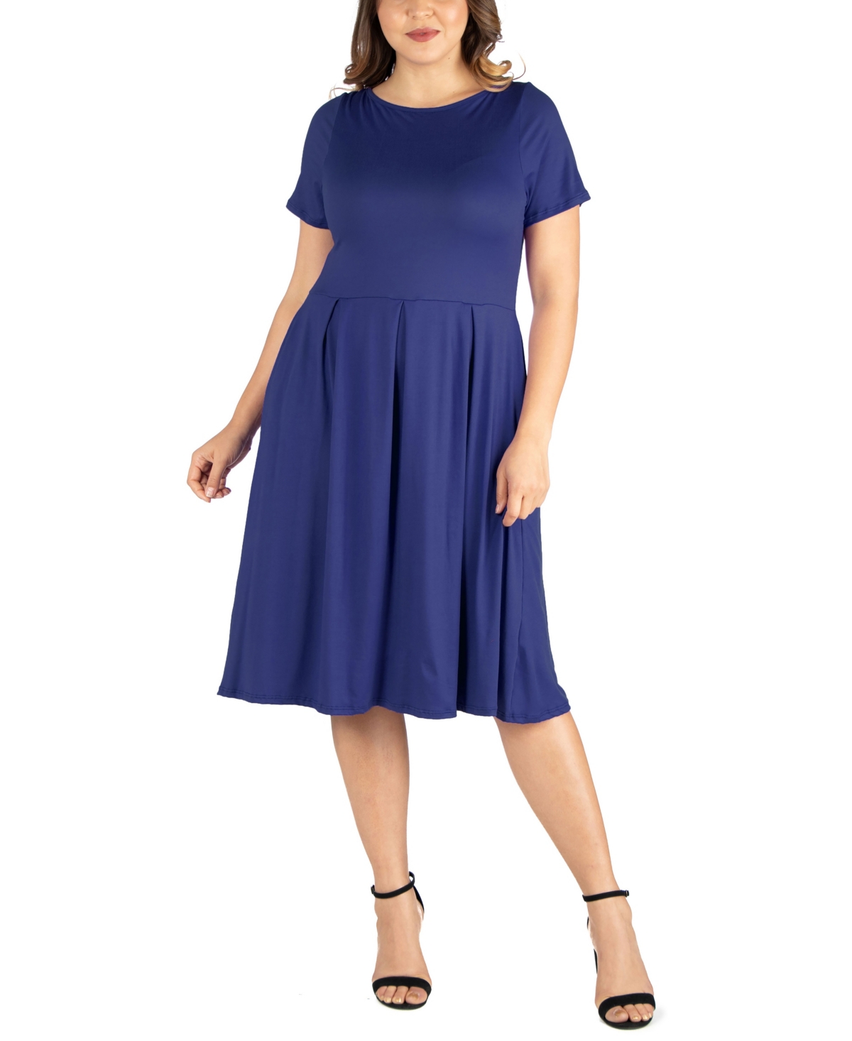 24seven Comfort Apparel Plus Size Short Sleeve Midi Dress With Pockets In Navy