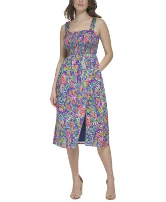 kensie - Women's Printed Smocked-Bodice Dress