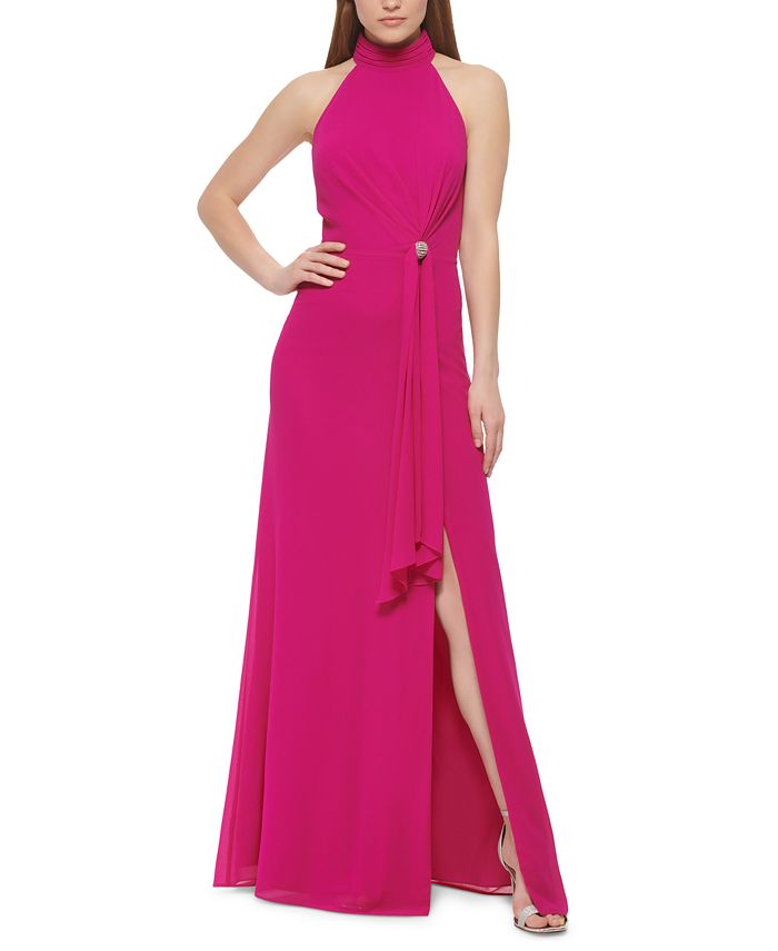 Vince Camuto Petite Mock-Neck Sleeveless Slit-Front Gown - Macy's