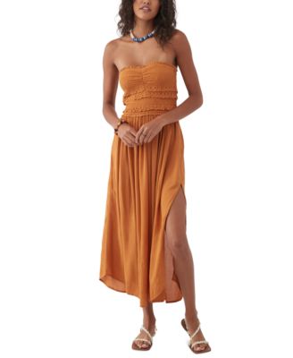 O'Neill - Juniors' Devyn Strapless Smocked-Bodice Side-Slit Midi Dress