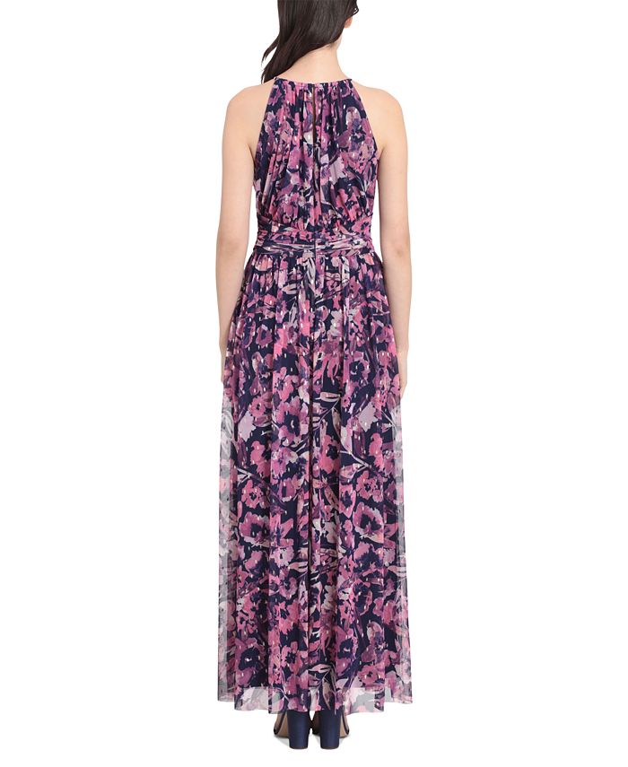 London Times Women's Mesh Halter Maxi Dress – Ruched Waist, Potent Purple/Gold, Size 10