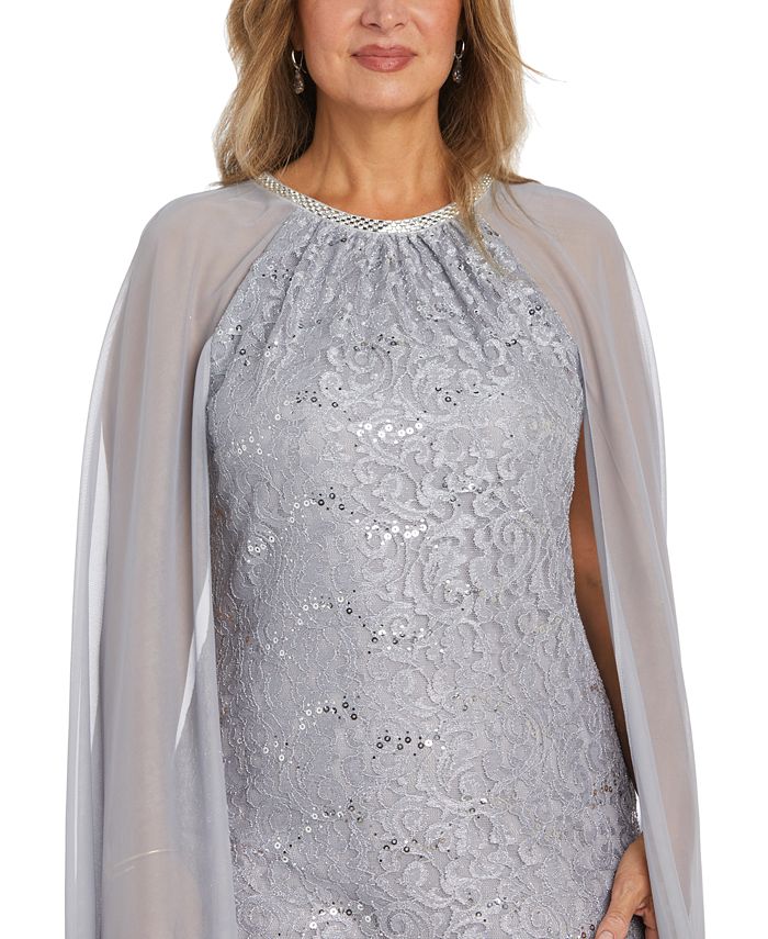 R & M Richards Women's Sequinned Lace Dress With Chiffon Cape - Macy's