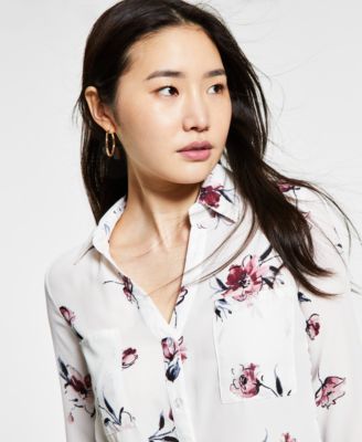 Juniors' Floral-Print Collared Shirt