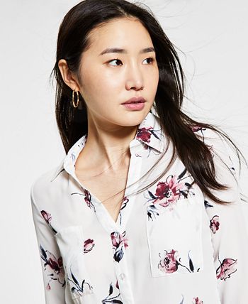 BCX - Juniors' Floral-Print Collared Shirt