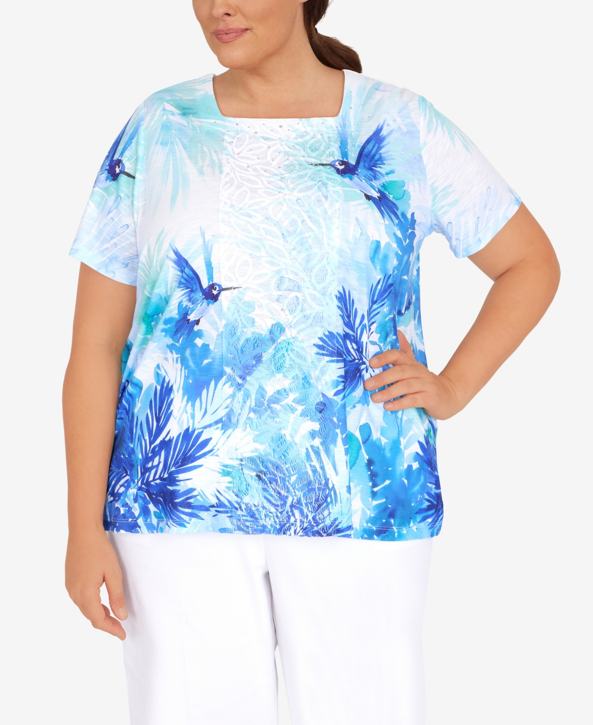 ALFRED DUNNER PLUS SIZE COOL VIBRATIONS HUMMINGBIRD SQUARE NECK TOP