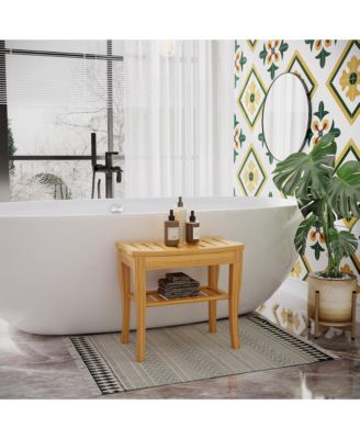 Bamboo Shower Bench Bathroom Stool Spa Bath Organizer Seat W/ Shelf