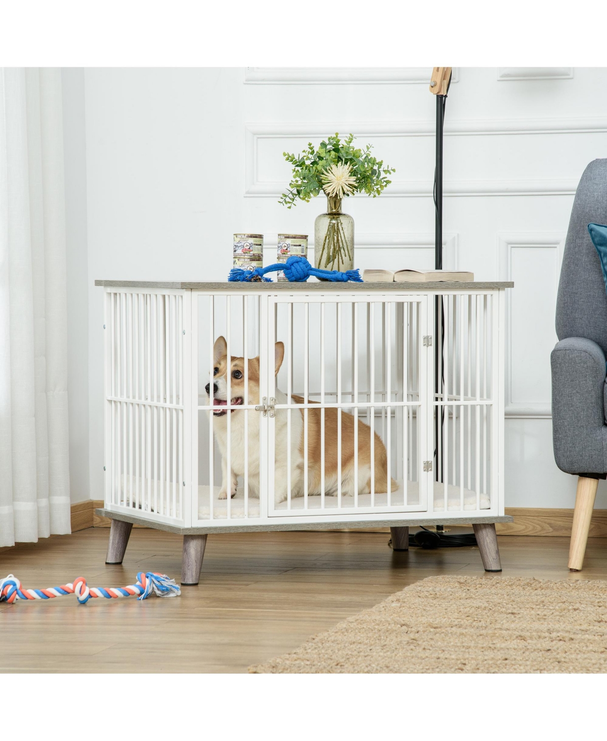Furniture Style Dog Cage House w/ Soft Cushion for Small Medium Dog, Grey - Grey