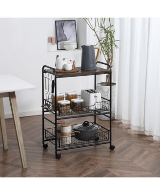 24" 3-Tier Rolling Kitchen Cart, Utility Storage Trolley with 2 Basket Drawers, Side Hooks for Dining Room, Walnut Wood Tone