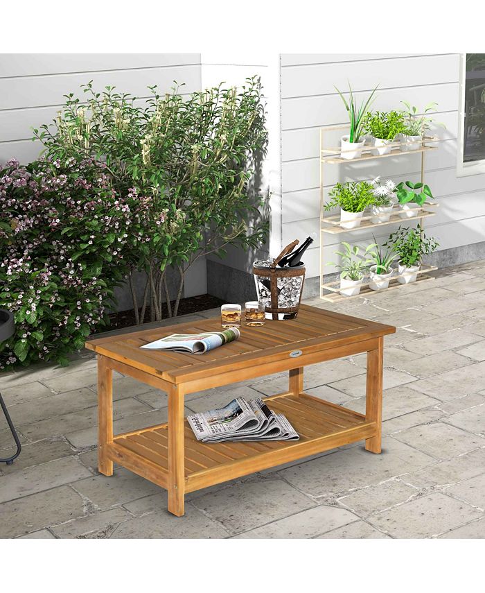 Outsunny 36" Outdoor Coffee Table 2-Shelf Acacia Wood Rectangular ...
