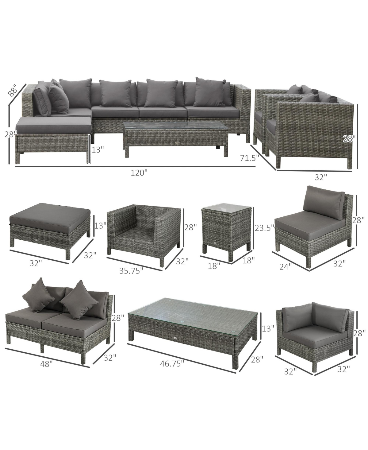 Outsunny 9 Piece Patio Furniture Set, Pe Rat Sofa & Table,