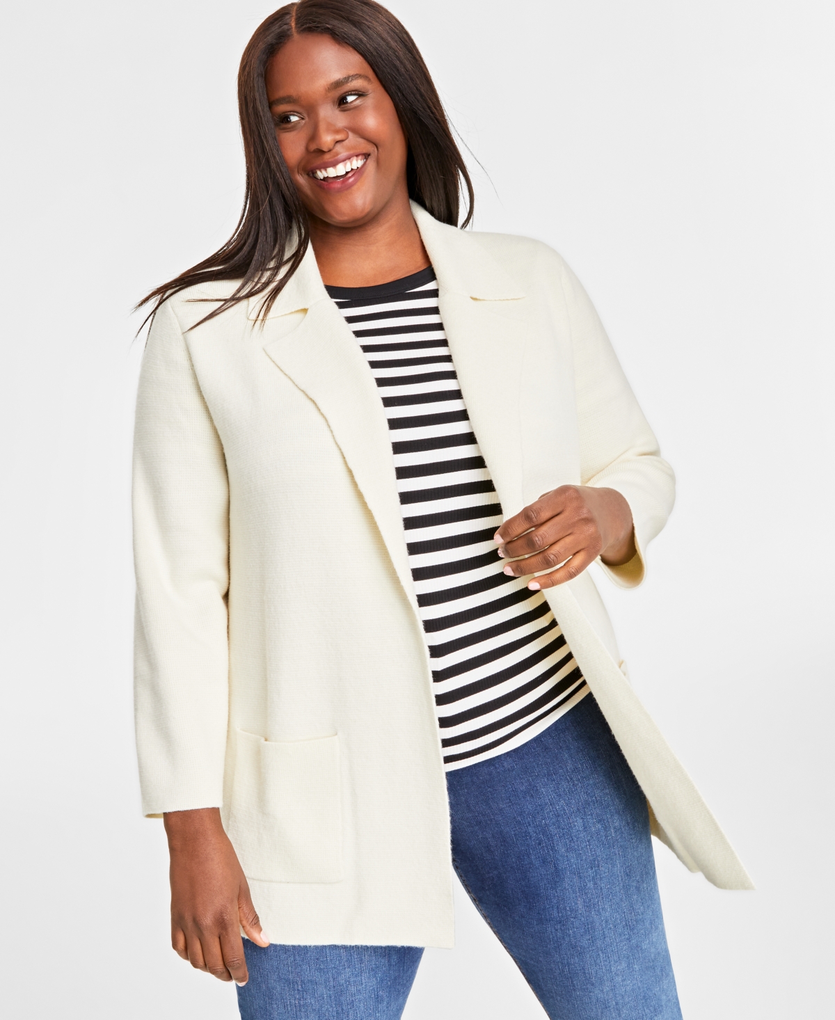 On 34th Plus Size Sweater Blazer, Created For Macy's In Alabaster