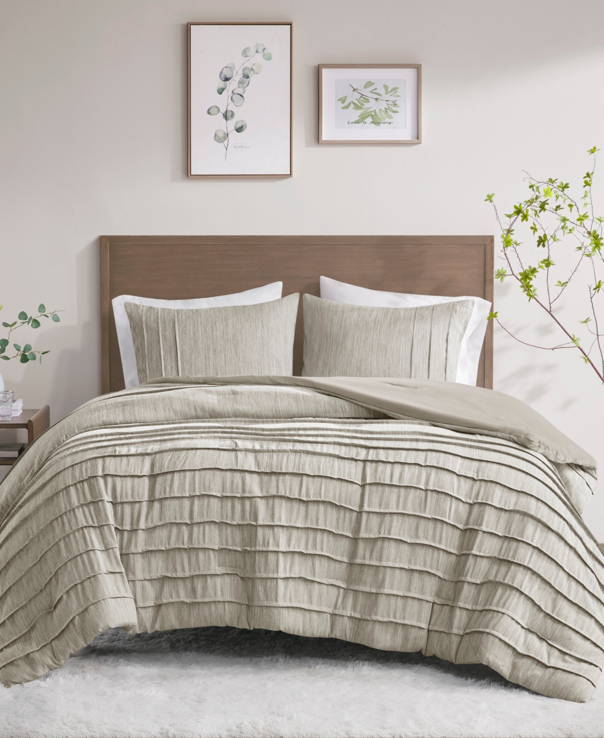 Shop Beautyrest Closeout!  Maddox 3 Piece Striated Cationic Dyed Oversized Comforter Set With Pleats, King In Natural