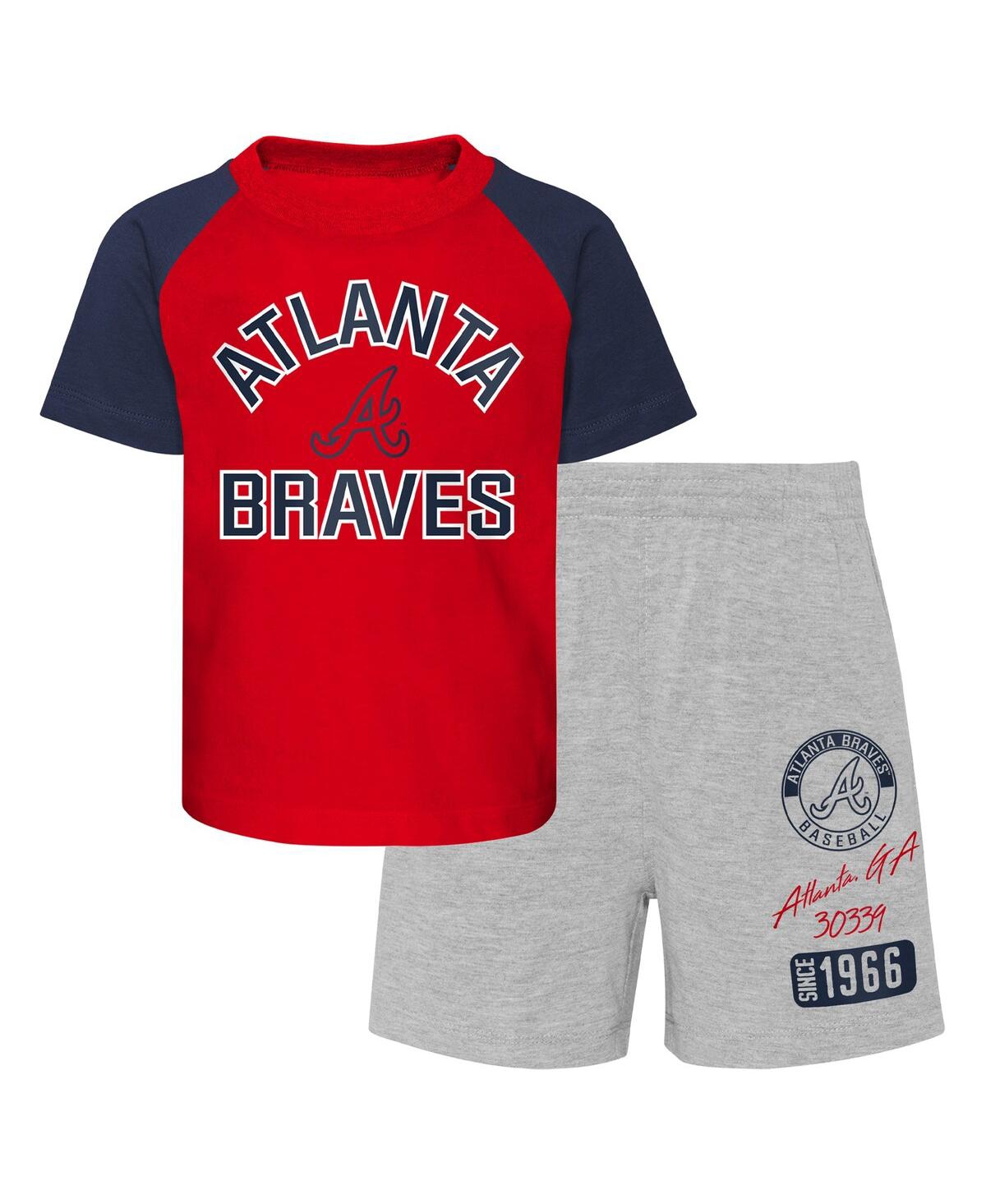 Outerstuff Babies' Infant Boys And Girls Red And Heather Gray Atlanta Braves Ground Out Baller Raglan T-shirt And Short In Red,heather Gray