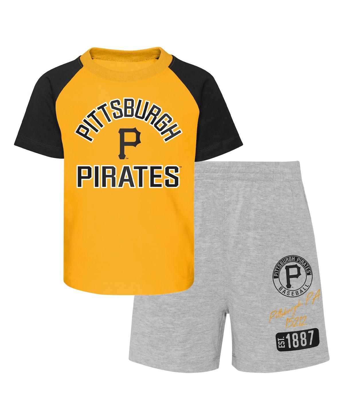 Shop Outerstuff Infant Boys And Girls Gold And Heather Gray Pittsburgh Pirates Ground Out Baller Raglan T-shirt And  In Gold,heather Gray
