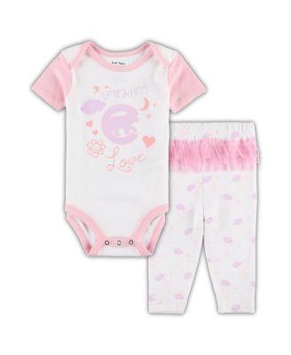 Newborn and Infant Boys and Girls White, Pink Chicago Cubs Spreading Love Bodysuit and Tutu with Leggings Set