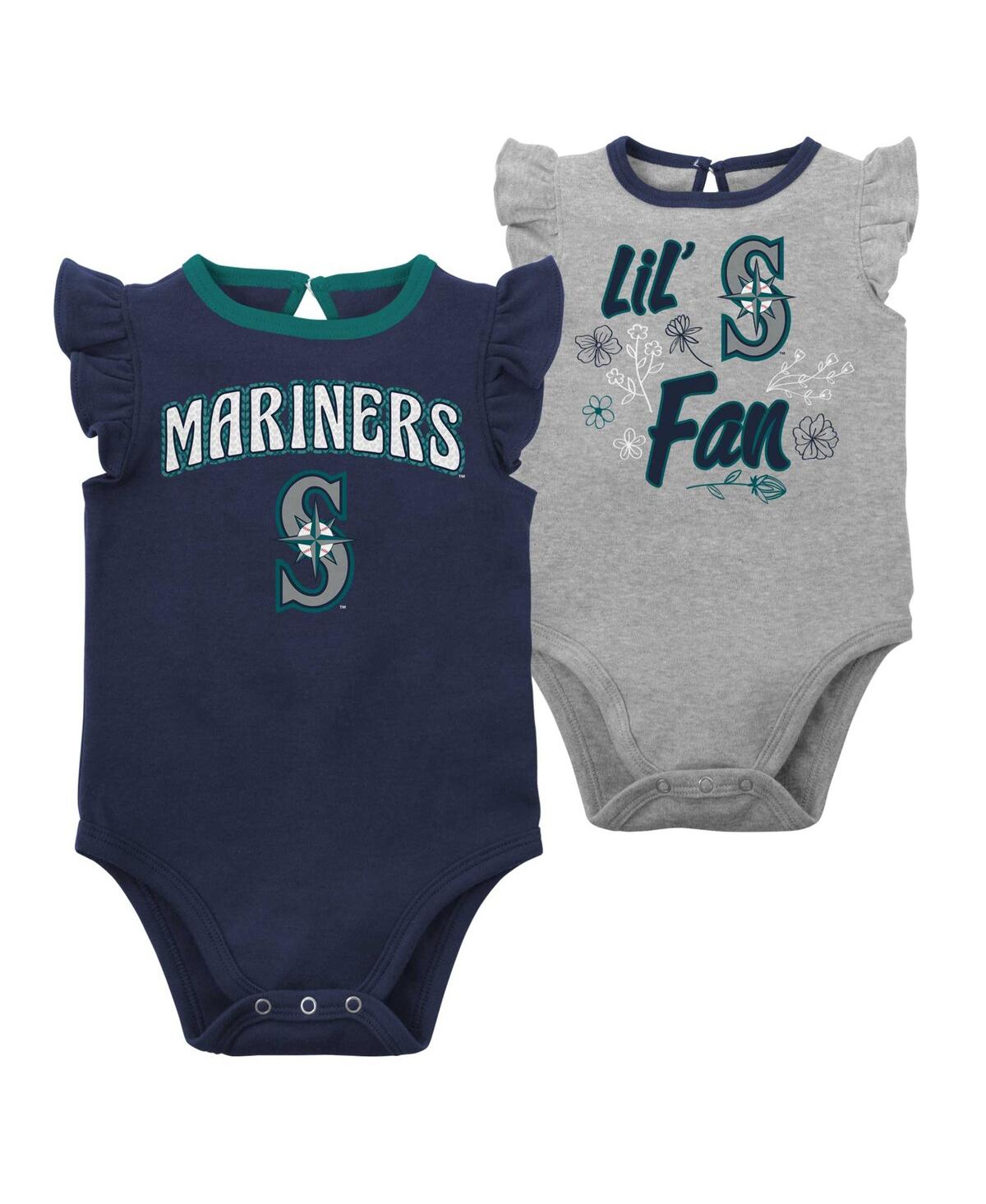 Outerstuff Newborn And Infant Boys And Girls Navy, Heather Gray Seattle Mariners Little Fan Two-pack Bodysuit S In Navy,heather Gray