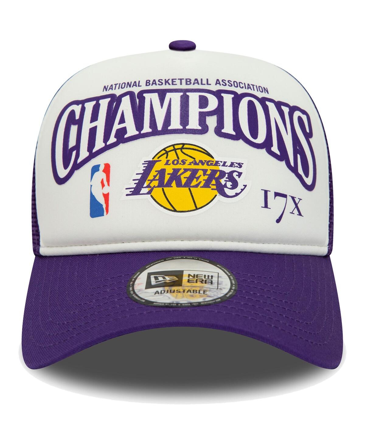 Men's New Era Purple Los Angeles Lakers 17x League Champs Commemorative 9FORTY Trucker Snapback Hat - Purple