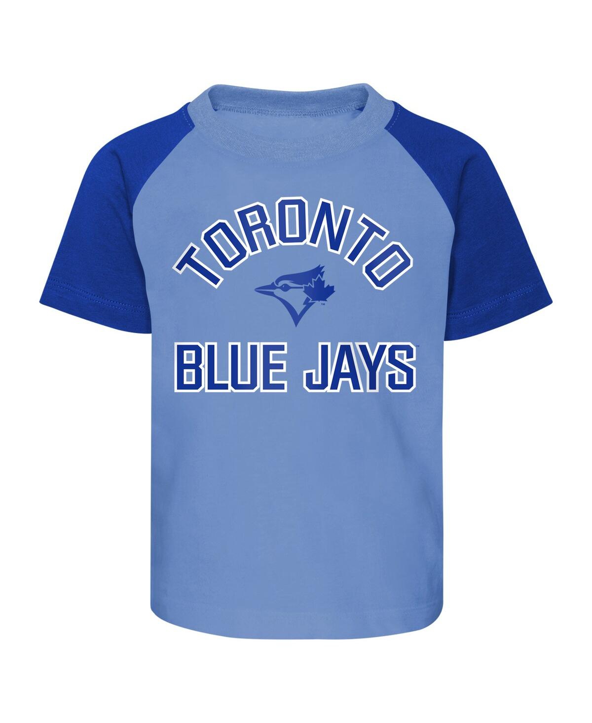 Shop Outerstuff Infant Boys And Girls Powder Blue And Heather Gray Toronto Blue Jays Ground Out Baller Raglan T-shir In Powder Blue,heather Gray
