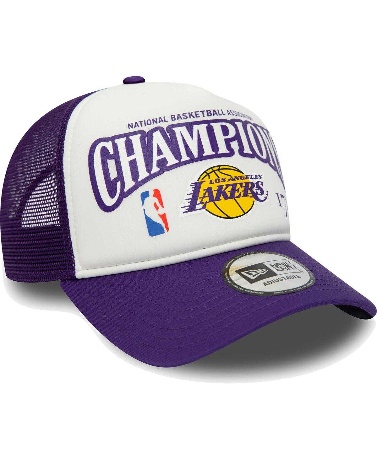 Men's New Era Purple Los Angeles Lakers 17x League Champs Commemorative 9FORTY Trucker Snapback Hat - Purple