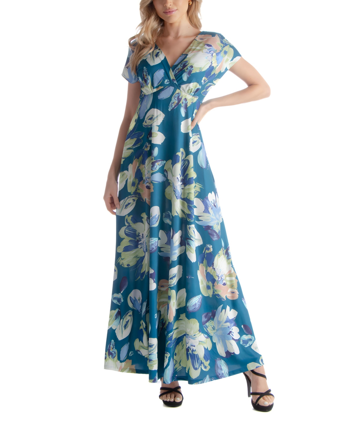24seven Comfort Apparel Women's V-neck Cap Sleeved Empire Waist Maxi Dress In Blue Multi