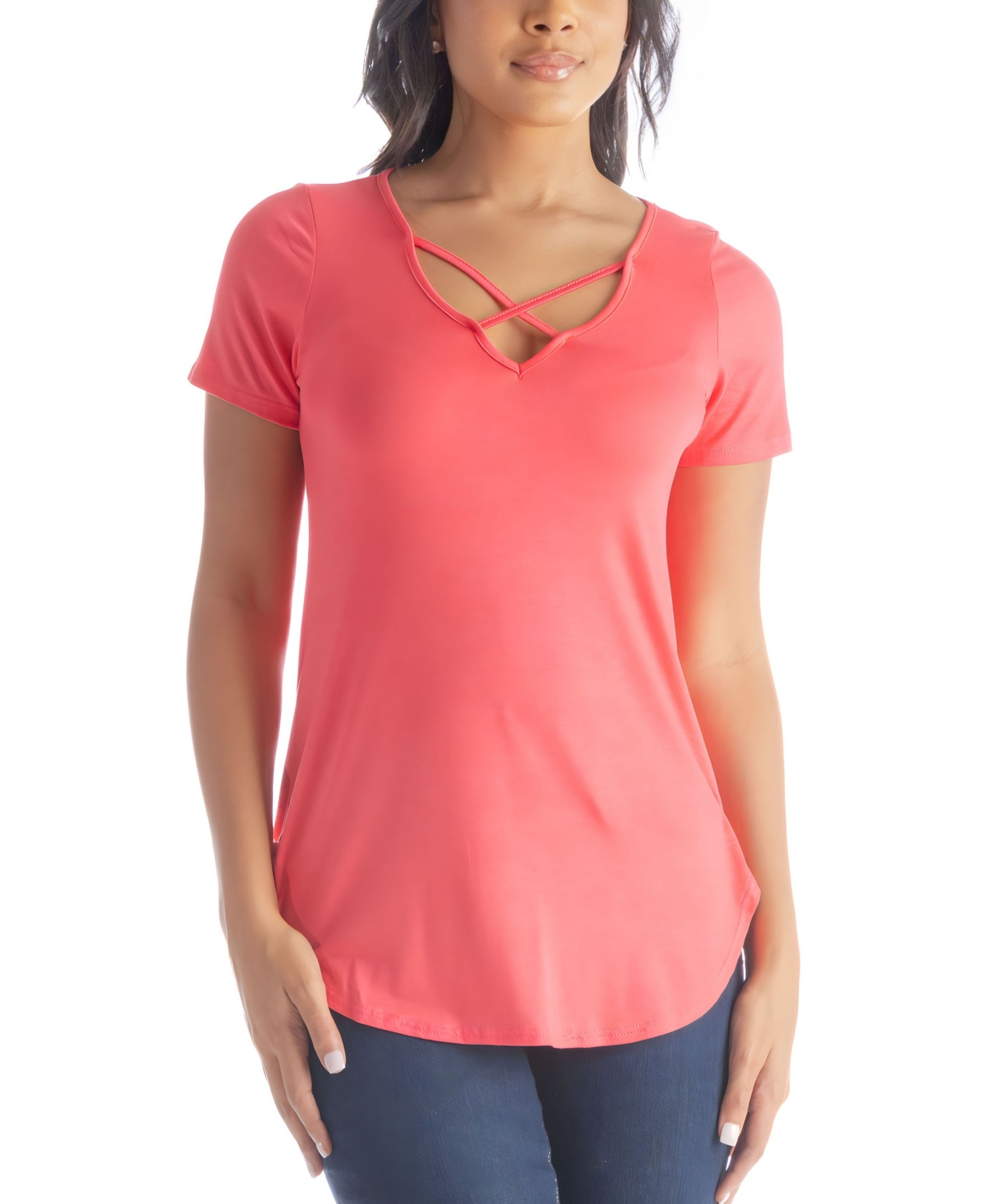 24seven Comfort Apparel Women's V-neck T-shirt With Crossed Collarline In Coral