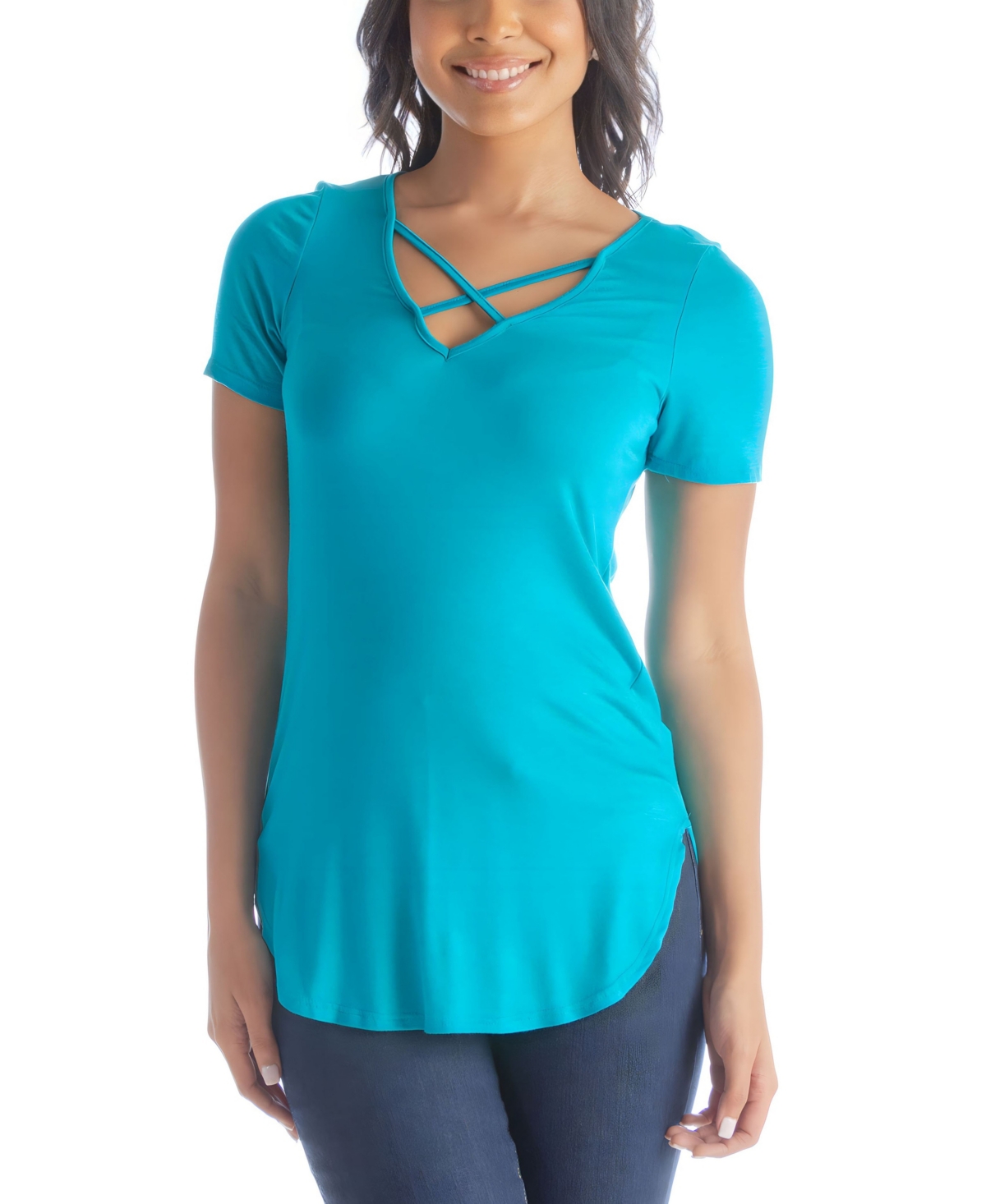 24seven Comfort Apparel Women's V-neck T-shirt With Crossed Collarline In Jade