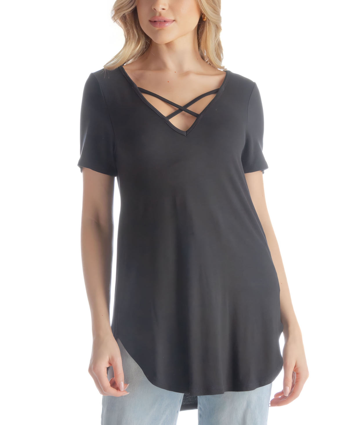 24seven Comfort Apparel Women's V-neck T-shirt With Crossed Collarline In Black