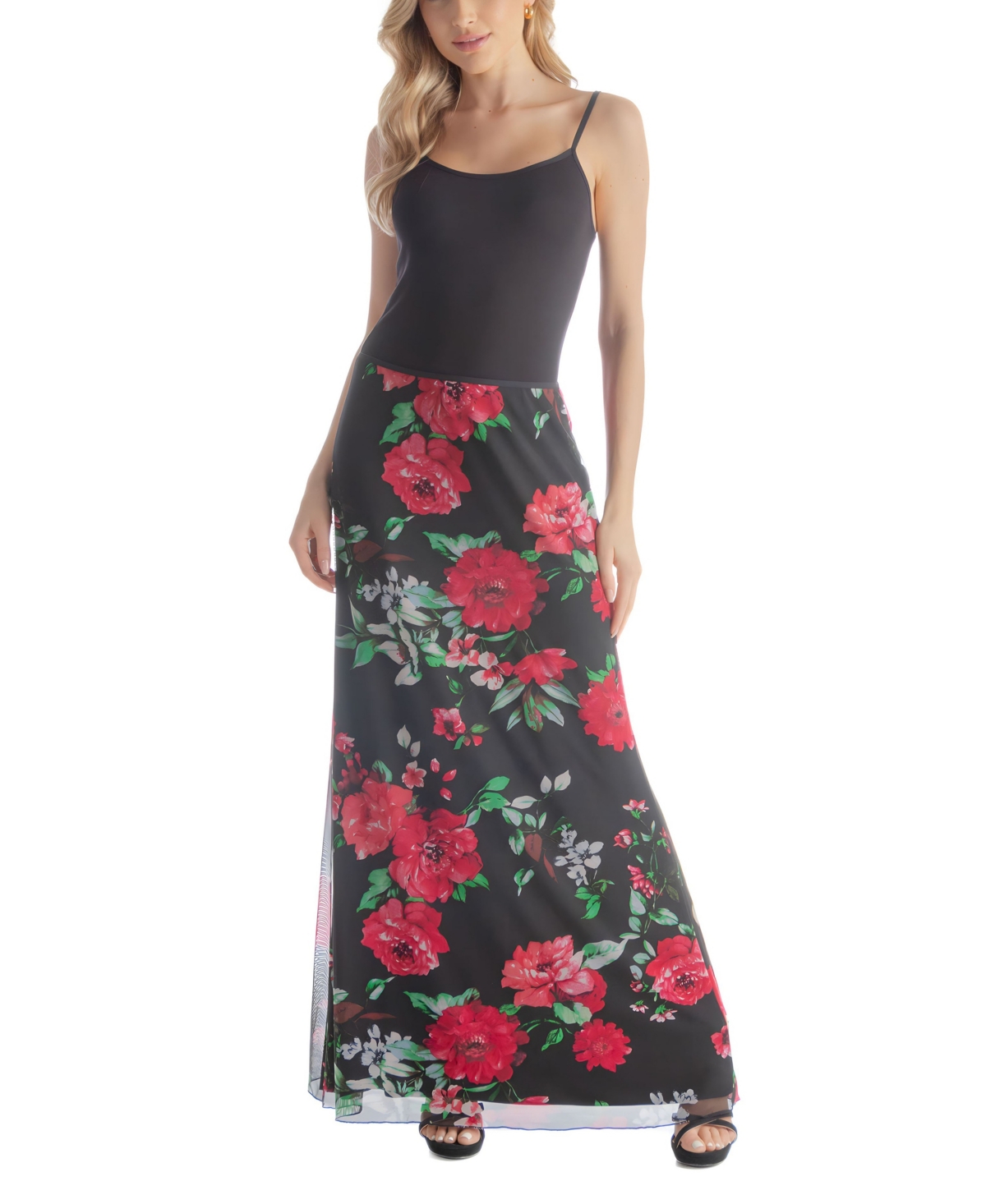24seven Comfort Apparel Plus Size Sheer Overlay Elastic Waist Skirt In Black Multi