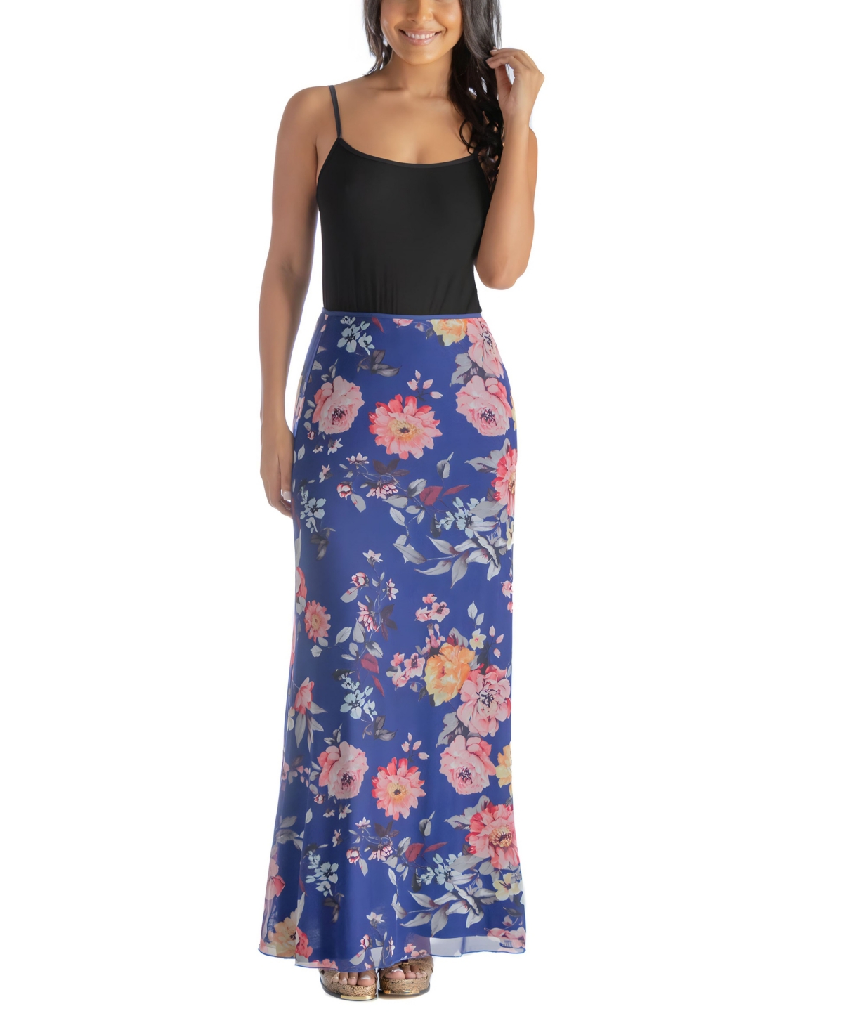 24seven Comfort Apparel Plus Size Sheer Overlay Elastic Waist Skirt In Blue Multi