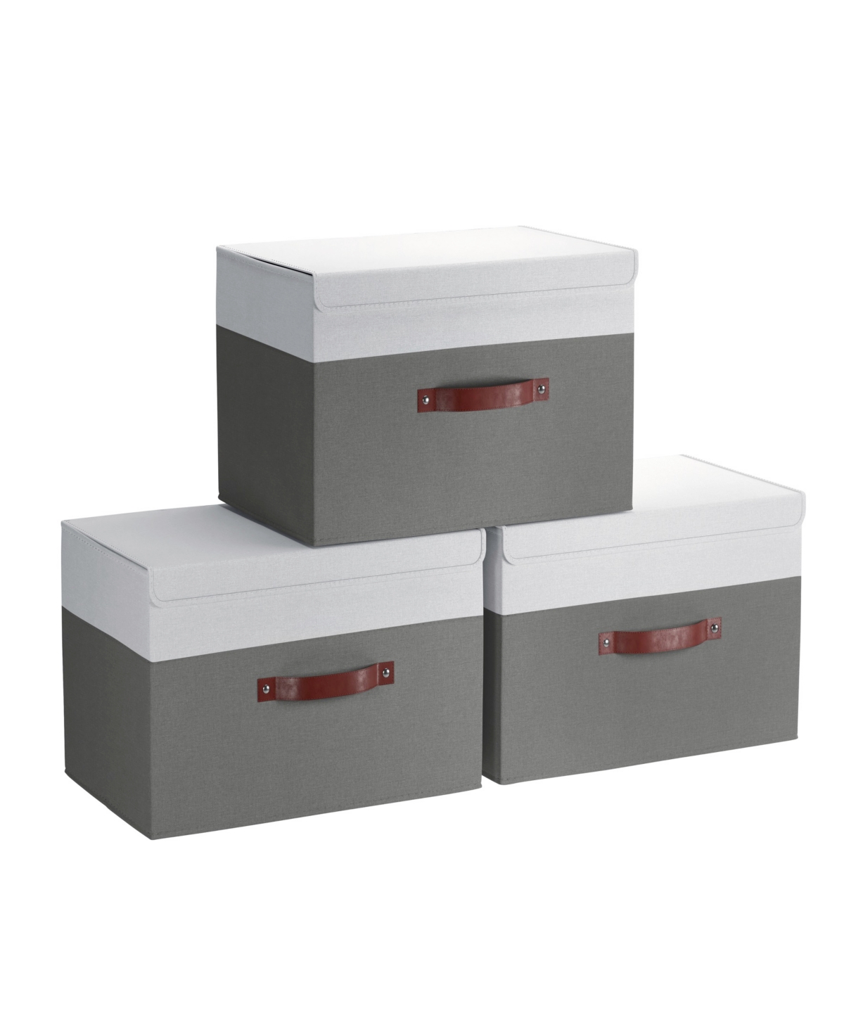 Foldable Linen XLarge Storage Bin with Leather Handles and Lid - Set of 3 - Gray