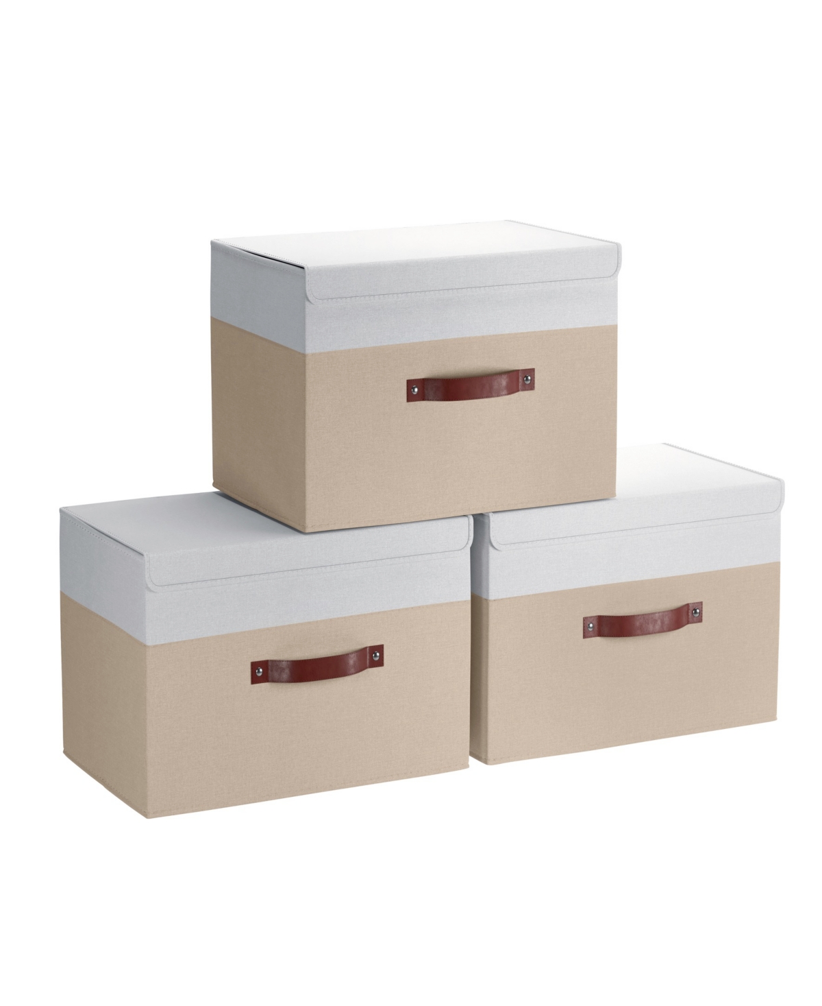 Ornavo Home Foldable Linen Large Storage Bin With Leather Handles And Lid - Set Of 3 In White,khaki