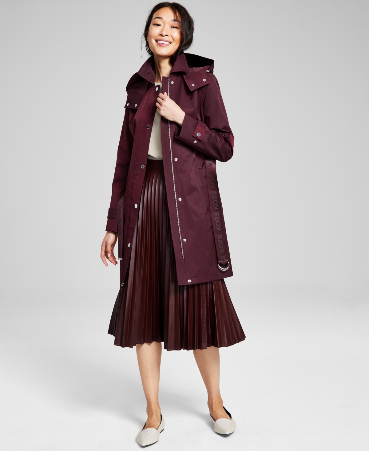 Michael Kors Michael  Women's Hooded Belted Trench Coat, Created For Macy's In Burgundy