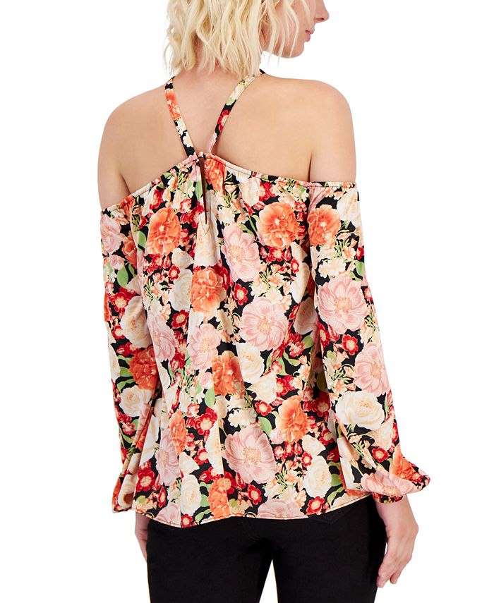 INC Womens Black Cold Shoulder Ruffled Lined Printed Long Sleeve Halter Top main image 0