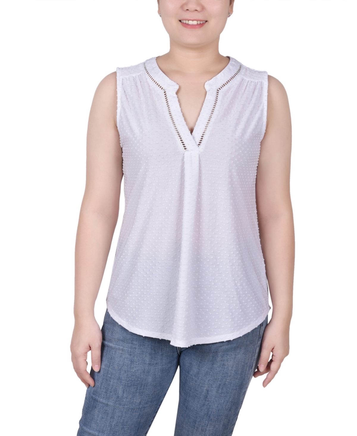 Ny Collection Petite Swiss Dot Sleeveless Top In White