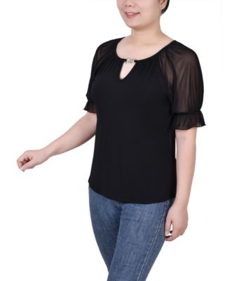 Petite Short Ruffle Sleeve Rhinestones Top