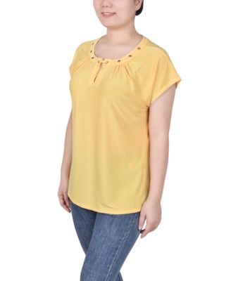 Petite Grommet Neck Knit  Short Extended Sleeve Top