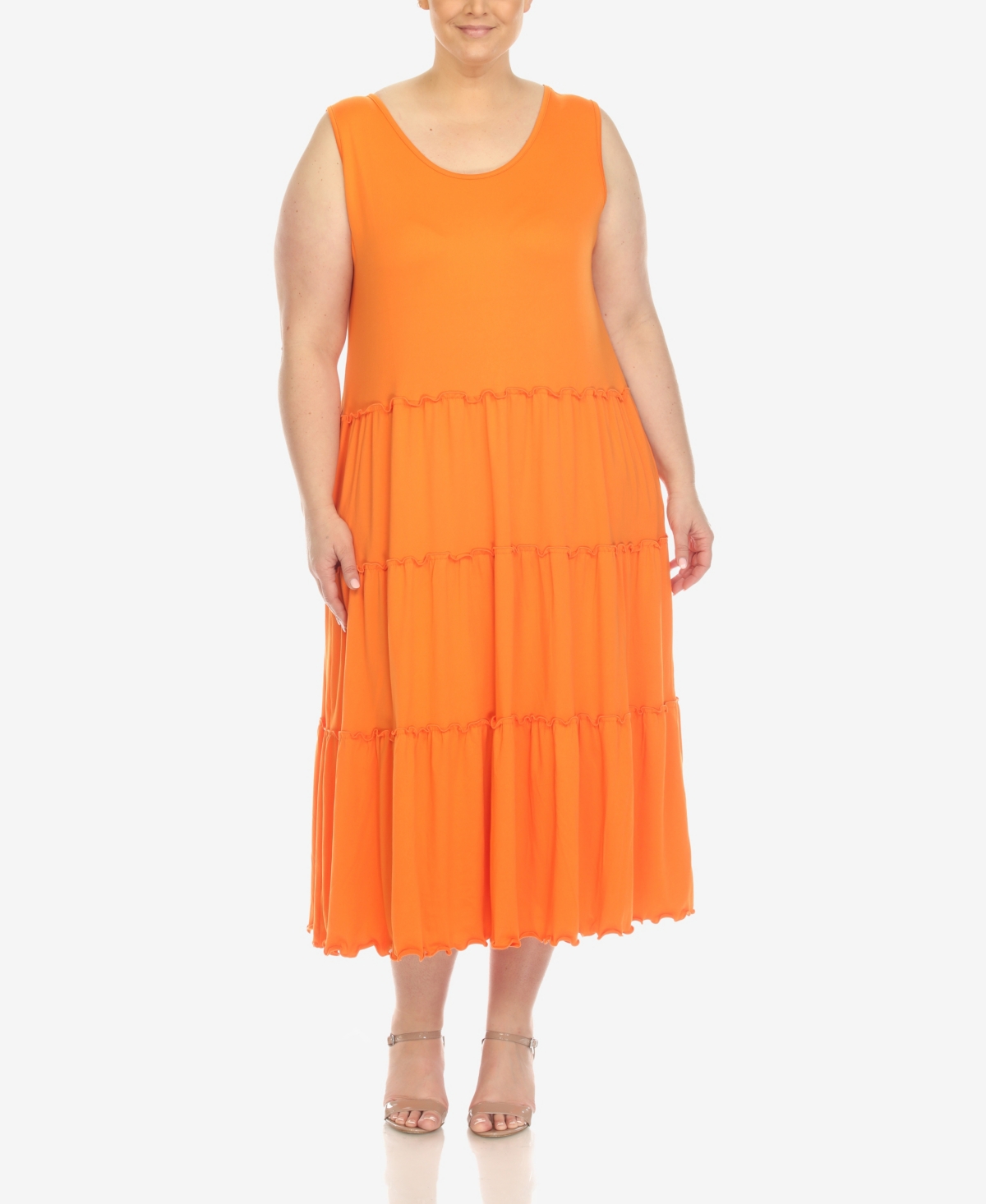 White Mark Plus Size Scoop Neck Tiered Midi Dress In Orange
