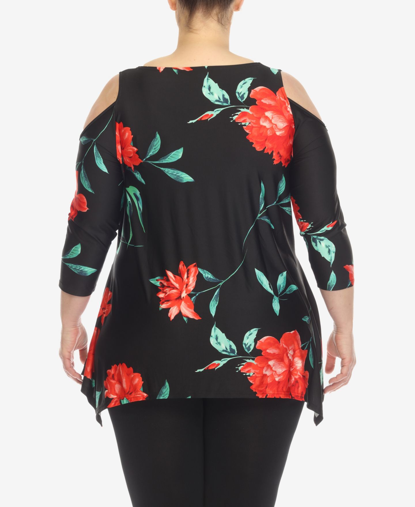 Женский топ White Mark Plus Size Floral Printed Cold Shoulder Tunic Top, цвет: Чёрный / Красный — фото 2