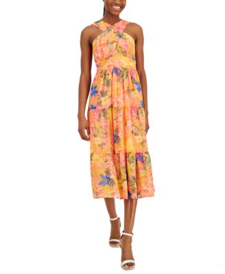 Anne Klein - Women's Floral-Print Crossover-Neck Midi Dress
