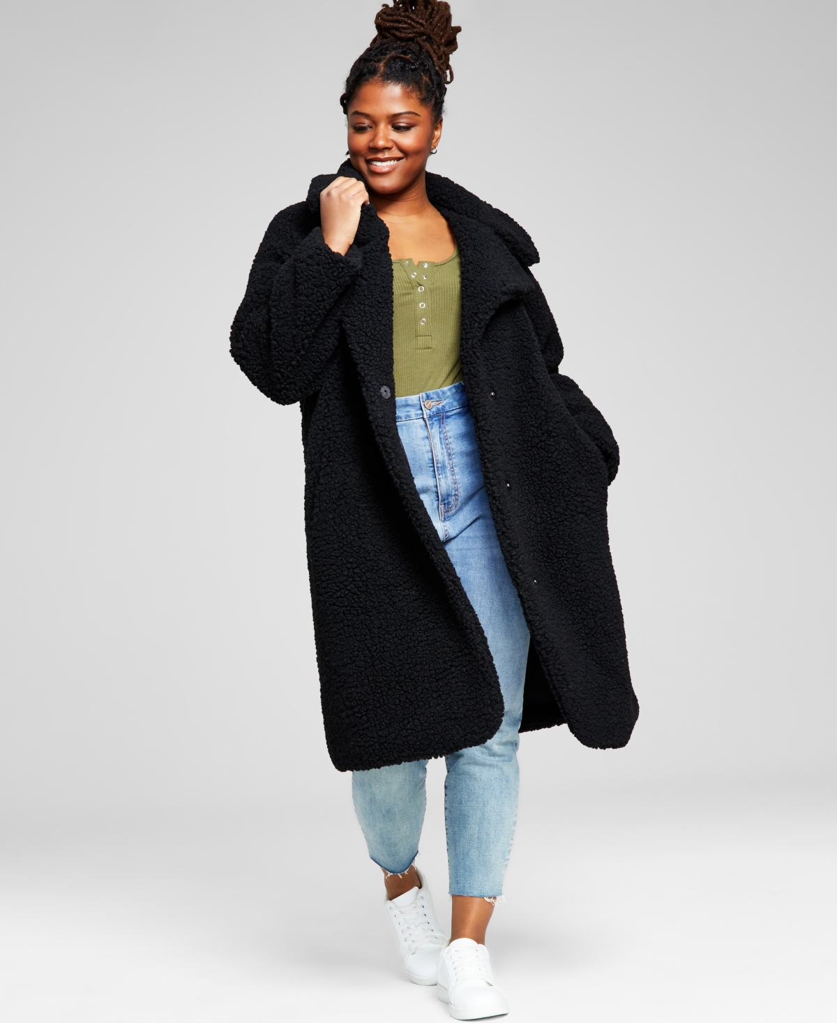 Shop Bcbgeneration Women's Plus Size Notch-collar Teddy Coat, Created For Macy's In Black