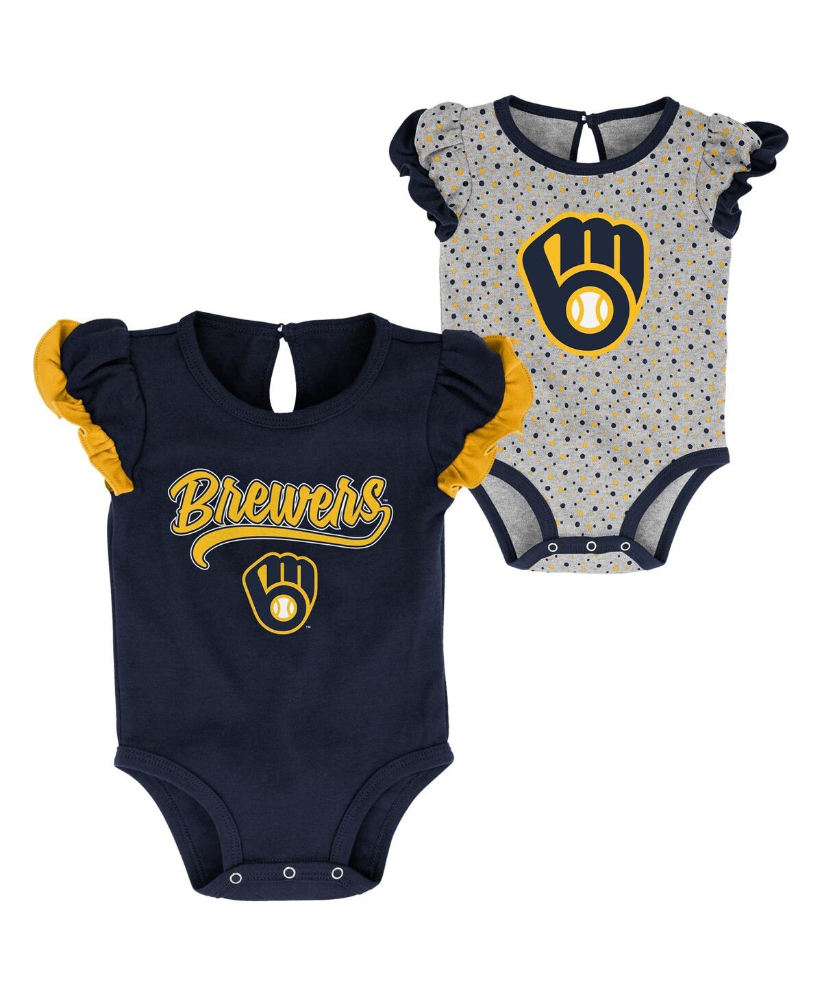 Outerstuff Girls Newborn And Infant Navy, Heathered Gray Milwaukee Brewers Scream And Shout Two-pack Bodysuit S In Navy,heathered Gray