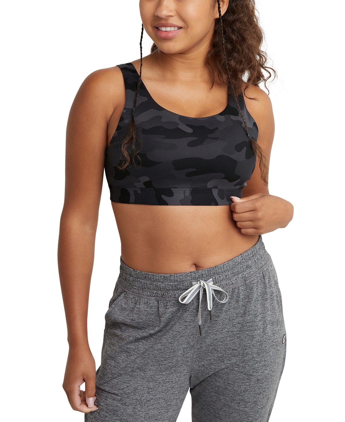 Champion Women's Soft Touch Camo-print Sports Bra In Ammo Black