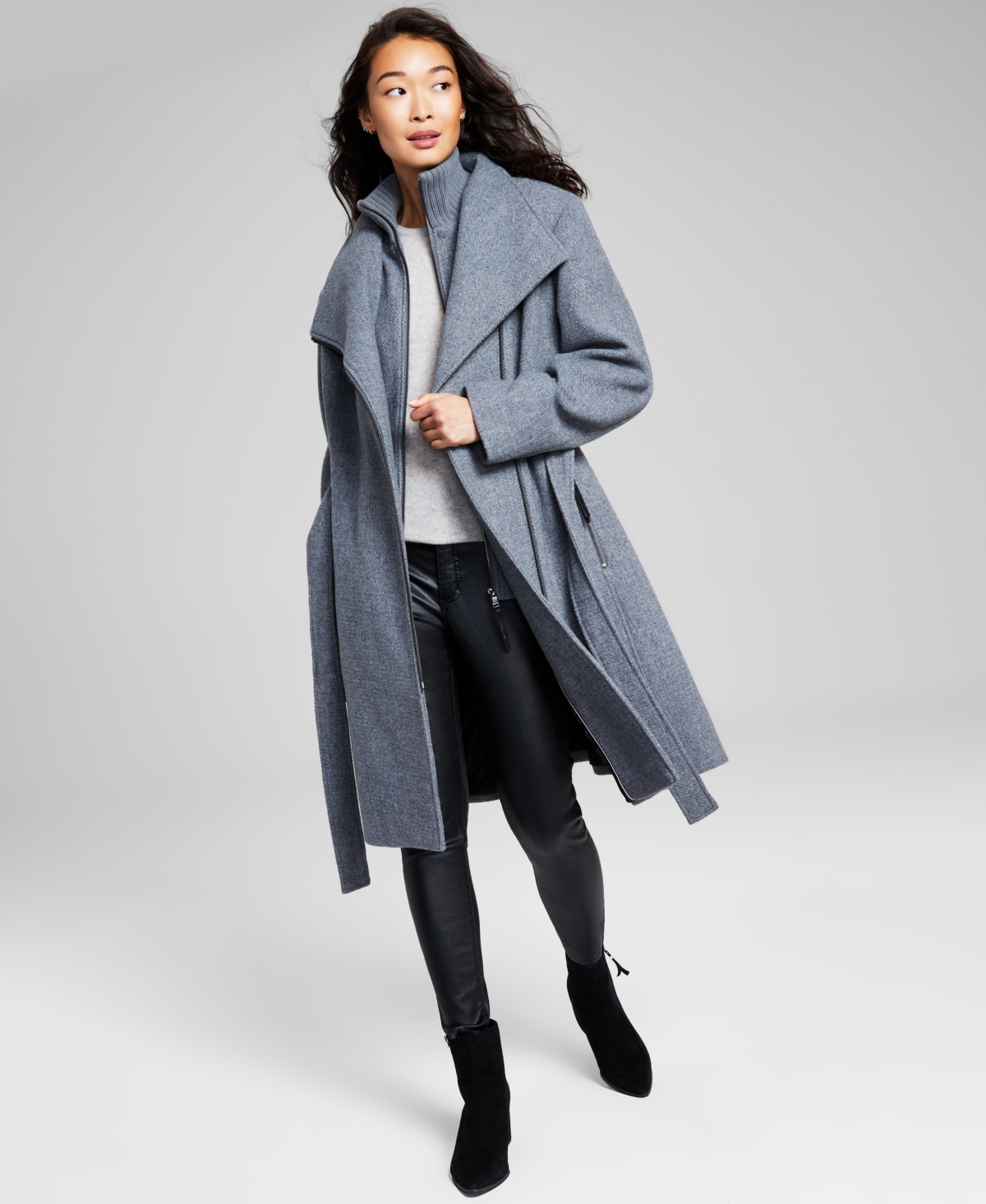 Shop Calvin Klein Women's Petite Belted Wrap Coat, Created For Macy's In Medium Grey