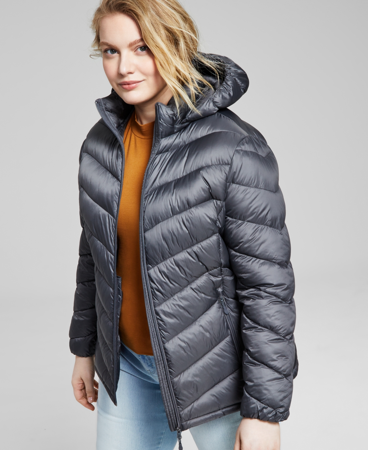 Women's Plus Size Hooded Packable Puffer Coat, Created for Macy's - Black