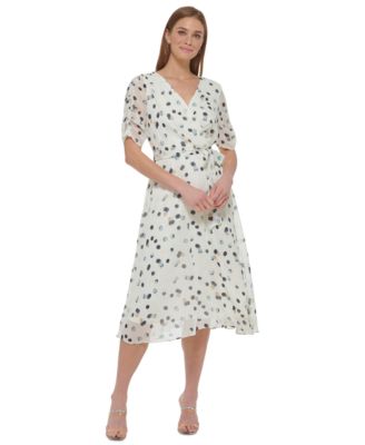 DKNY - Women's Dot-Print Ruched-Sleeve Tie-Waist V-Neck Midi Dress